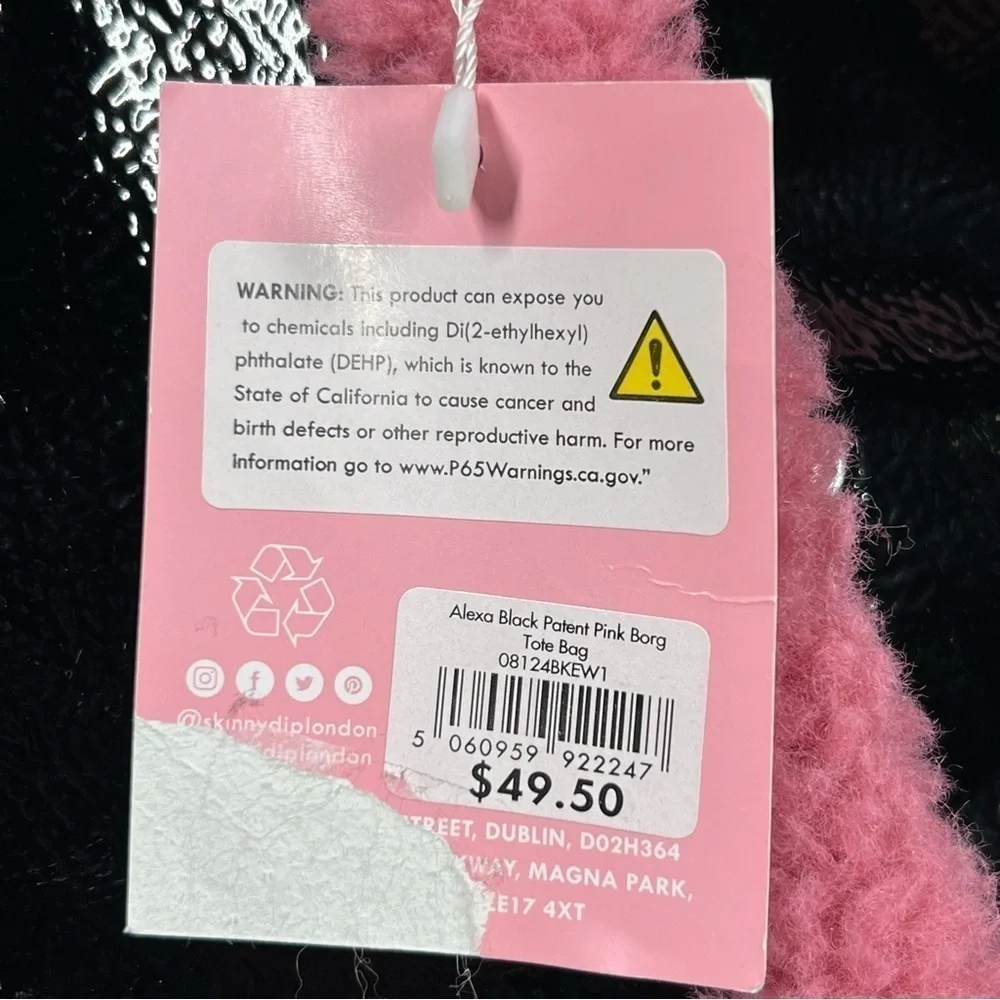 Skinny Dip | Alexa Tote Bag Black Patent Vegan Leather Pink Sherpa Trim